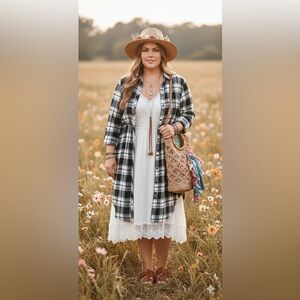 LANE BRYANT Flannel Plaid Shirtdress Black White Tie Waist Plus Size 22